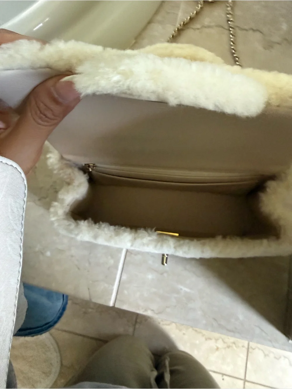 CHANEL Cream Shearling Mini Flap Top-Handle Bag